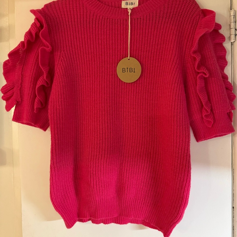 BiBi Women's Vibrant Pink Ruffle Sleeve Sweater